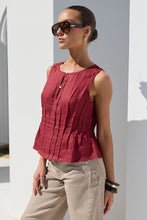 Load image into Gallery viewer, STORIES BE TOLD ENCOURAGE WINE LINEN PINTUCK FRONT BOAT NECK TOP
