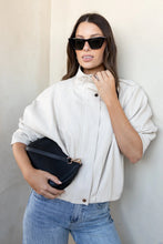 Load image into Gallery viewer, STORIES BE TOLD ENSEMBLE PUTTY FAUX LEATHER FUNNEL NECK ZIP THROUGH BOMBER JACKET
