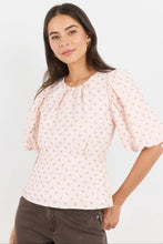 Load image into Gallery viewer, STORIES BE TOLD EVENTUAL BLUSH CHOCOLATE POLKA DOT MID SLEEVE FIT AND FLARE TOP
