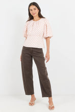 Load image into Gallery viewer, STORIES BE TOLD EVENTUAL BLUSH CHOCOLATE POLKA DOT MID SLEEVE FIT AND FLARE TOP
