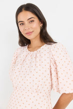 Load image into Gallery viewer, STORIES BE TOLD EVENTUAL BLUSH CHOCOLATE POLKA DOT MID SLEEVE FIT AND FLARE TOP
