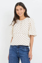 Load image into Gallery viewer, STORIES BE TOLD EVENTUAL IVORY CHOCOLATE POLKA DOT MID SLEEVE FIT AND FLARE TOP

