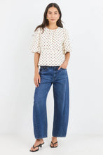 Load image into Gallery viewer, STORIES BE TOLD EVENTUAL IVORY CHOCOLATE POLKA DOT MID SLEEVE FIT AND FLARE TOP
