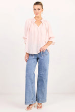 Load image into Gallery viewer, AMONG THE BRAVE EXPEDITION BLUSH SELF STRIPE SHIRRED NECK SHORT SLEEVE TOP

