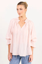 Load image into Gallery viewer, AMONG THE BRAVE EXPEDITION BLUSH SELF STRIPE SHIRRED NECK SHORT SLEEVE TOP

