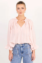 Load image into Gallery viewer, AMONG THE BRAVE EXPEDITION BLUSH SELF STRIPE SHIRRED NECK SHORT SLEEVE TOP
