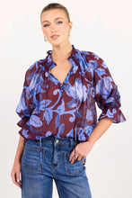 Load image into Gallery viewer, COMING SOON | AMONG THE BRAVE EXPEDITION BURGUNDY BLUE FLORAL SHIRRED NECK SHORT SLEEVE TOP
