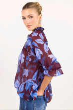 Load image into Gallery viewer, COMING SOON | AMONG THE BRAVE EXPEDITION BURGUNDY BLUE FLORAL SHIRRED NECK SHORT SLEEVE TOP
