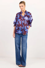 Load image into Gallery viewer, COMING SOON | AMONG THE BRAVE EXPEDITION BURGUNDY BLUE FLORAL SHIRRED NECK SHORT SLEEVE TOP
