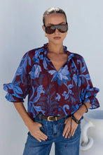 Load image into Gallery viewer, COMING SOON | AMONG THE BRAVE EXPEDITION BURGUNDY BLUE FLORAL SHIRRED NECK SHORT SLEEVE TOP
