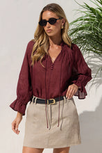Load image into Gallery viewer, AMONG THE BRAVE EXPEDITION BURGUNDY SHORT SLEEVE SHIRRED NECK TOP
