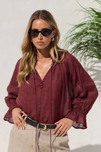Load image into Gallery viewer, AMONG THE BRAVE EXPEDITION BURGUNDY SHORT SLEEVE SHIRRED NECK TOP

