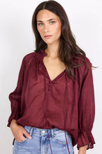 Load image into Gallery viewer, AMONG THE BRAVE EXPEDITION BURGUNDY SHORT SLEEVE SHIRRED NECK TOP
