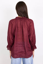 Load image into Gallery viewer, AMONG THE BRAVE EXPEDITION BURGUNDY SHORT SLEEVE SHIRRED NECK TOP
