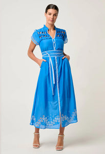ONCE WAS XANTHIA DIAMOND SMOCK DRESS BLUE TOPAZ