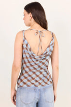 Load image into Gallery viewer, GEORGIA ZOE FRUITFUL CHOCOLATE ICE BLUE CHECK GEORGETTE TOE BACK BIAS TOP
