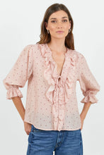 Load image into Gallery viewer, IVY + JACK GARNISH BLUSH POLKA DOT FRILL FRONT MID SLEEVE TOP
