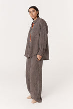 Load image into Gallery viewer, ROWIE RAMONA LINEN LONG SLEEVE SHIRT BROWN STRIPE

