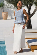 Load image into Gallery viewer, AMONG THE BRAVE IMPLUSIVE BLUE MINI GINGHAM SHIRRED SLEEVELESS TOP
