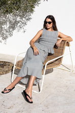 Load image into Gallery viewer, AMONG THE BRAVE IMPULSIVE KHAKI MINI GINGHAM SHIRRED SLEEVELESS TOP
