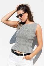 Load image into Gallery viewer, AMONG THE BRAVE IMPULSIVE KHAKI MINI GINGHAM SHIRRED SLEEVELESS TOP
