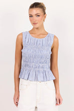 Load image into Gallery viewer, AMONG THE BRAVE IMPLUSIVE BLUE MINI GINGHAM SHIRRED SLEEVELESS TOP
