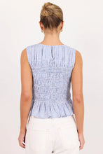 Load image into Gallery viewer, AMONG THE BRAVE IMPLUSIVE BLUE MINI GINGHAM SHIRRED SLEEVELESS TOP
