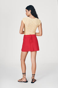 ROWIE JOLE SILK MINI WRAP SKIRT TRUE RED