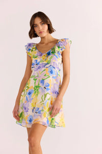 MINK PINK FABLE FRILL MINI DRESS PAINTERLY FLORAL