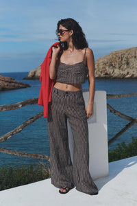 ROWIE CARLOTTA LINEN WIDE PANTS BROWN STRIPE