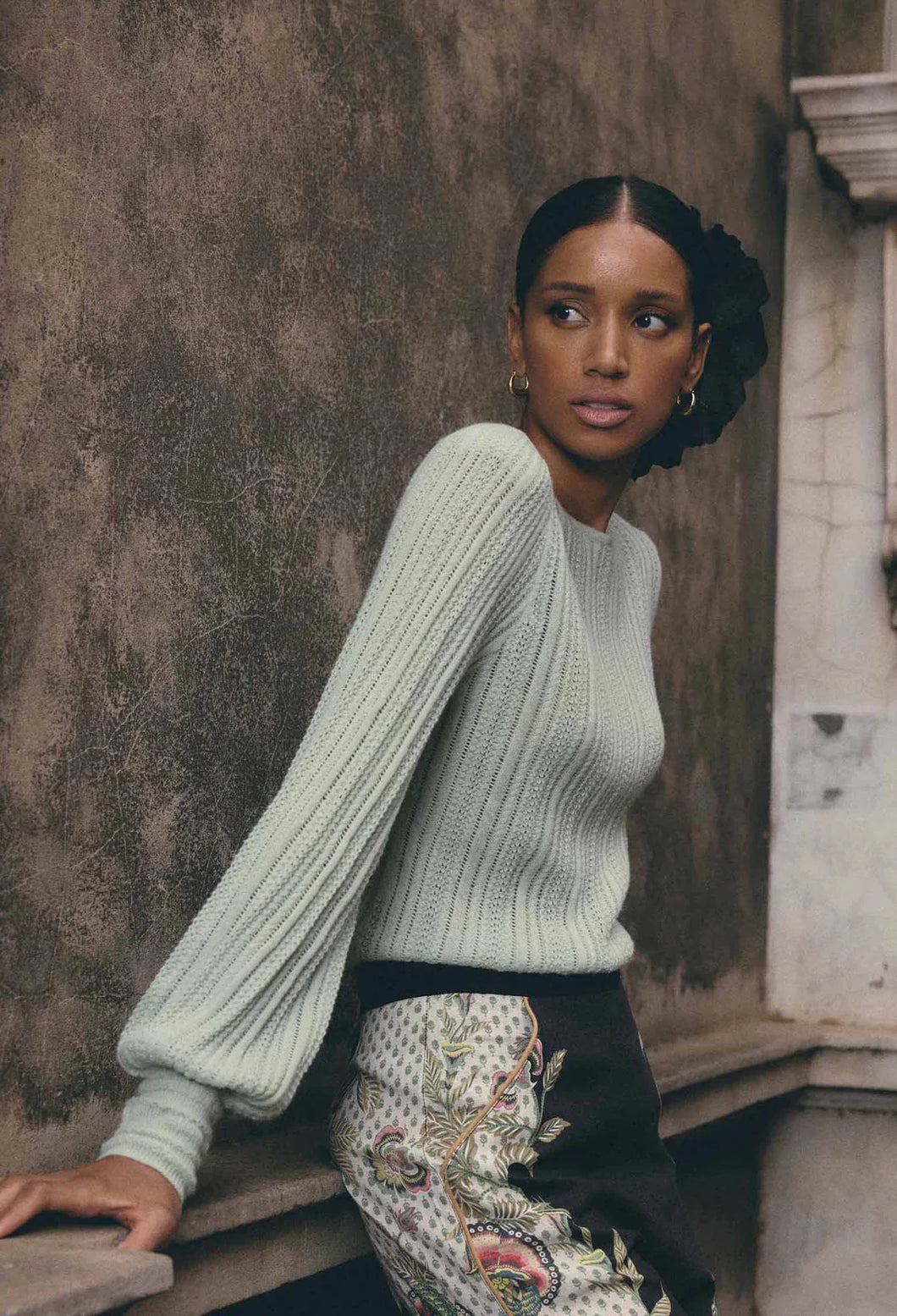 ONCE WAS SOLANA POINTELLE KNIT TOP CELADON