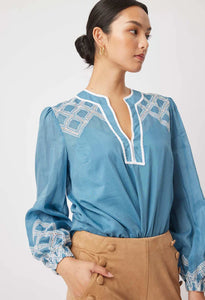 ONCE WAS MAHRA SILK COTTON EMBROIDERED ROUND SHOULDER YOKE BLOUSE