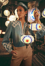 Load image into Gallery viewer, ONCE WAS MAHRA SILK COTTON EMBROIDERED ROUND SHOULDER YOKE BLOUSE

