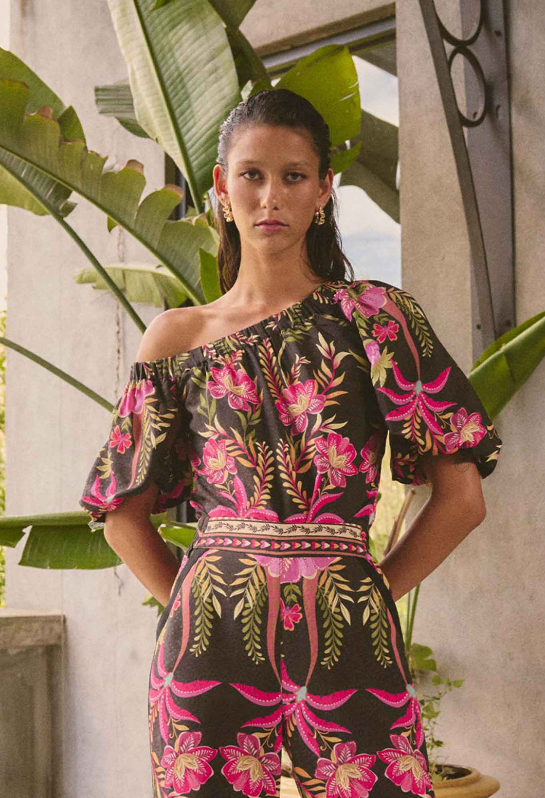 ONCE WAS JUNO ONE SHOULDER TOP ANTHOS LOTOS PRINT