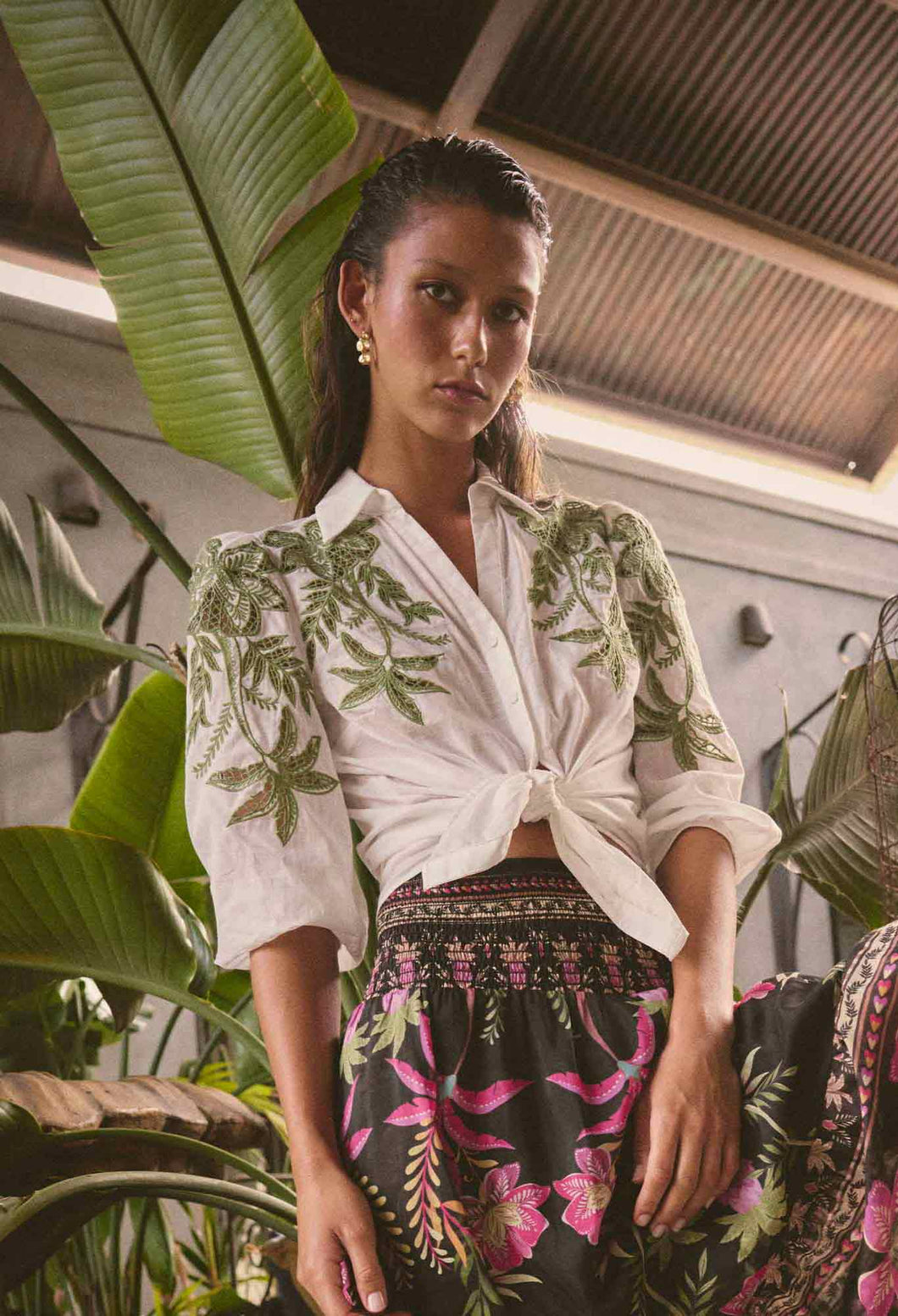 ONCE WAS CALLISTO COTTON SLUB EMBROIDERED SHIRT IVORY DUNE