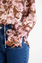 Load image into Gallery viewer, AMONG THE BRAVE ODYSSEY BLUSH CHOCOLATE FLORAL SHIRREDE NECK LS TOP
