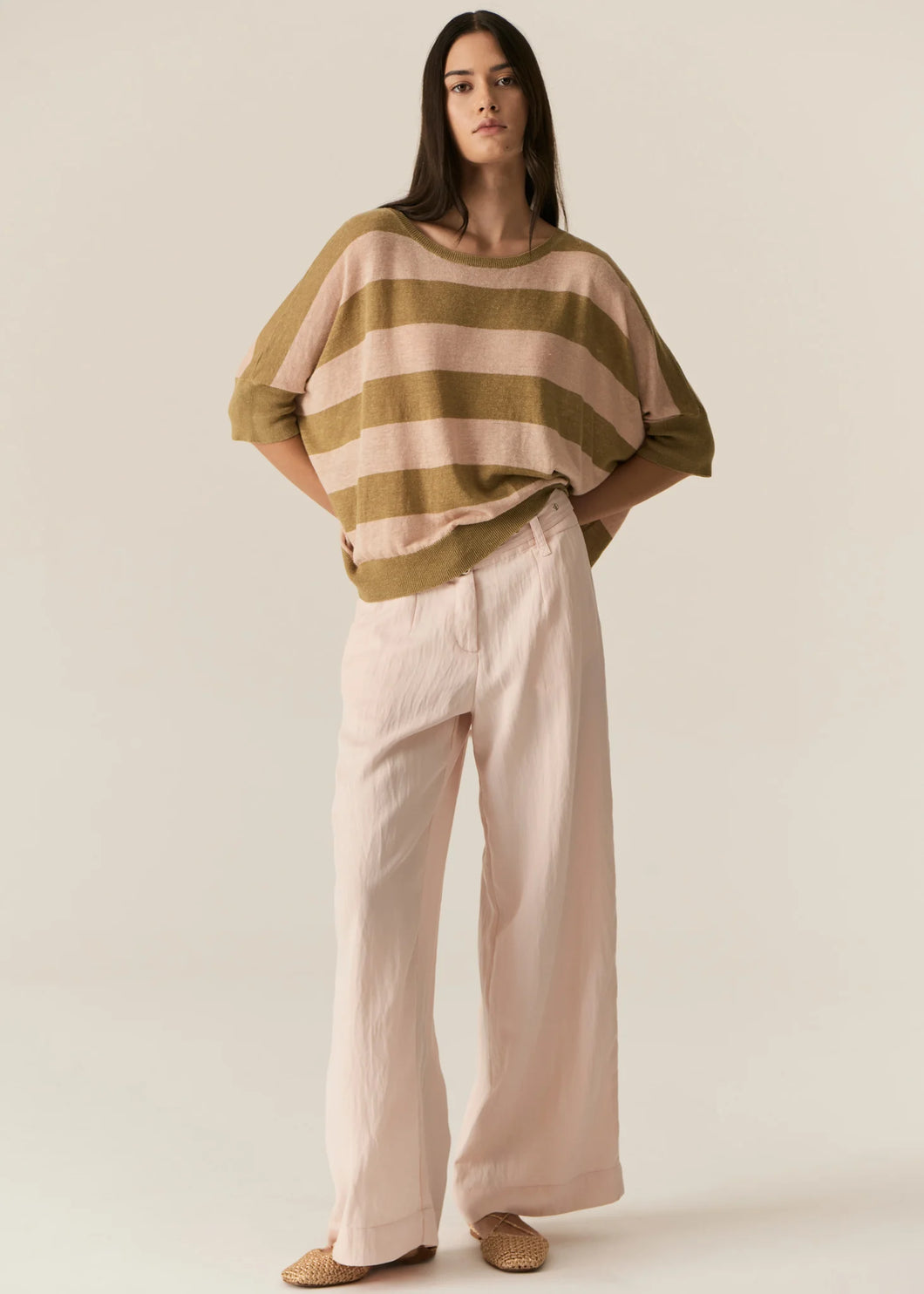 POL MILTON STRIPE KNIT TOP KHAKI/PINK