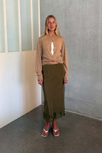 Load image into Gallery viewer, ROWIE MARINA SILK MIDI SKIRT OLIVE
