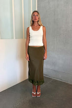 Load image into Gallery viewer, ROWIE MARINA SILK MIDI SKIRT OLIVE
