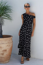 Load image into Gallery viewer, COMING SOON | STORIES BE TOLD SPOTLIGHT BLACK POLKA DOT OFF SHOULDER FLARE MIDI DRESS
