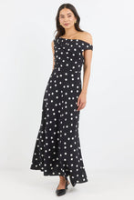 Load image into Gallery viewer, COMING SOON | STORIES BE TOLD SPOTLIGHT BLACK POLKA DOT OFF SHOULDER FLARE MIDI DRESS
