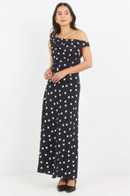 Load image into Gallery viewer, COMING SOON | STORIES BE TOLD SPOTLIGHT BLACK POLKA DOT OFF SHOULDER FLARE MIDI DRESS
