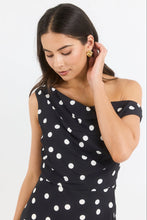 Load image into Gallery viewer, COMING SOON | STORIES BE TOLD SPOTLIGHT BLACK POLKA DOT OFF SHOULDER FLARE MIDI DRESS

