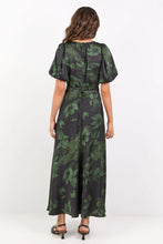 Load image into Gallery viewer, STORIES BE TOLD STAGE GREEN SHADOW GARDEN SATIN PUFF SLEEVE FLOATY MAXI DRESS
