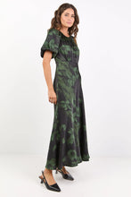 Load image into Gallery viewer, STORIES BE TOLD STAGE GREEN SHADOW GARDEN SATIN PUFF SLEEVE FLOATY MAXI DRESS
