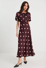 Load image into Gallery viewer, STORIES BE TOLD STAGE PLUM POLKA DOT PUFF SLEEVE SATIN FLOATY MAXI DRESS

