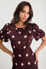 Load image into Gallery viewer, STORIES BE TOLD STAGE PLUM POLKA DOT PUFF SLEEVE SATIN FLOATY MAXI DRESS
