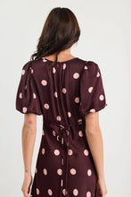 Load image into Gallery viewer, STORIES BE TOLD STAGE PLUM POLKA DOT PUFF SLEEVE SATIN FLOATY MAXI DRESS

