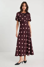 Load image into Gallery viewer, STORIES BE TOLD STAGE PLUM POLKA DOT PUFF SLEEVE SATIN FLOATY MAXI DRESS
