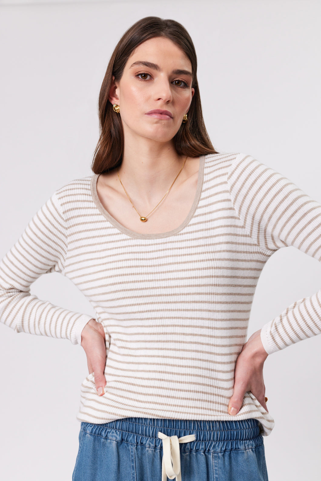 MARLOW SUNSET LS CREW TAUPE STRIPE